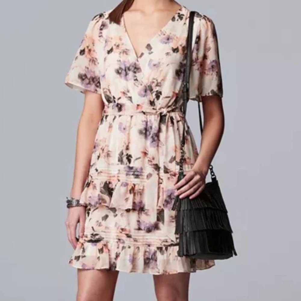 Simply Vera Vera Wang~Pink Floral Chiffon Faux-Wrap Dress